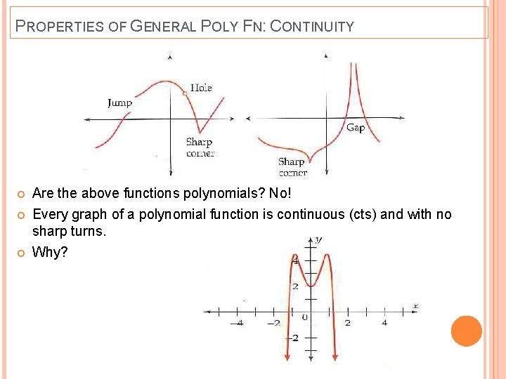 PROPERTIES OF GENERAL POLY FN: CONTINUITY Are the above functions polynomials? No! Every graph PROPERTIES OF GENERAL POLY FN: CONTINUITY Are the above functions polynomials? No! Every graph
