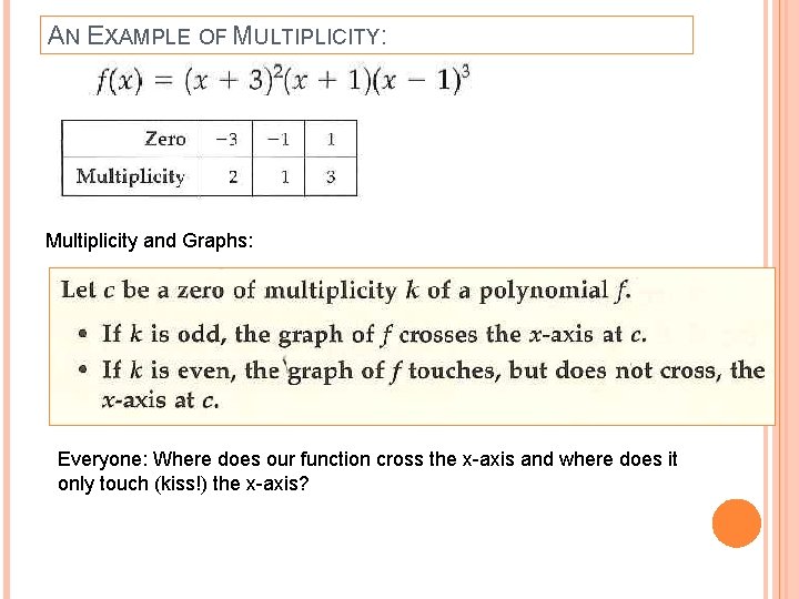 AN EXAMPLE OF MULTIPLICITY: Multiplicity and Graphs: Everyone: Where does our function cross the