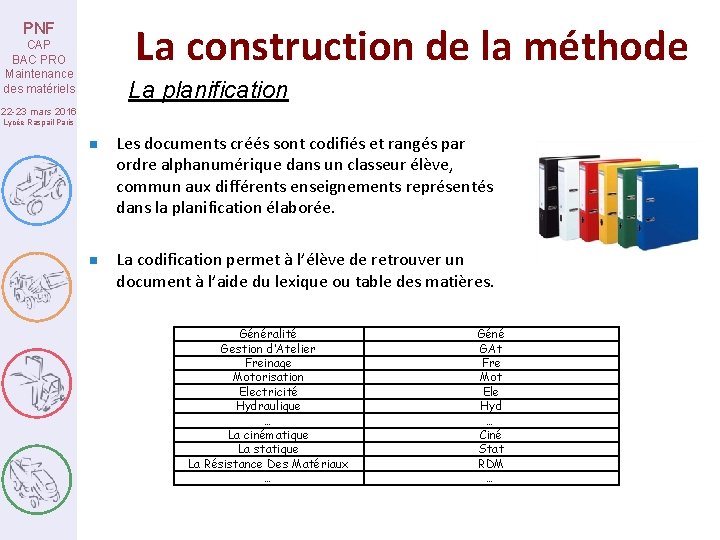 La construction de la méthode PNF CAP BAC PRO Maintenance des matériels La planification