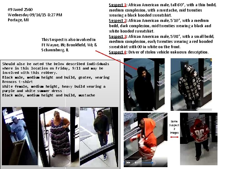 #9 Jared 2560 Wednesday 09/16/15 8: 27 PM Portage, MI This Suspect is also