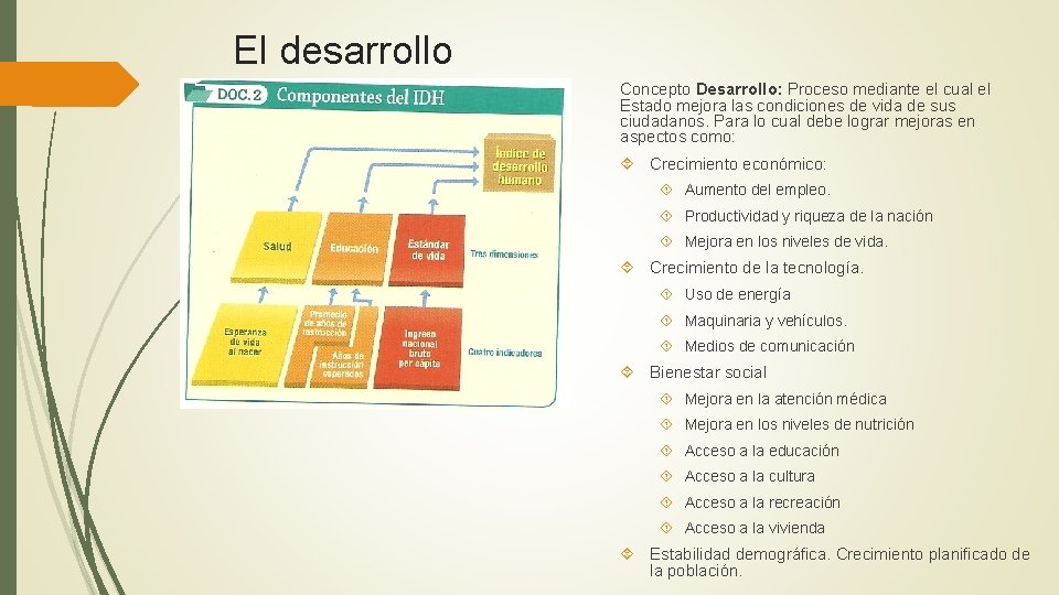 El desarrollo Concepto Desarrollo: Proceso mediante el cual el Estado mejora las condiciones de