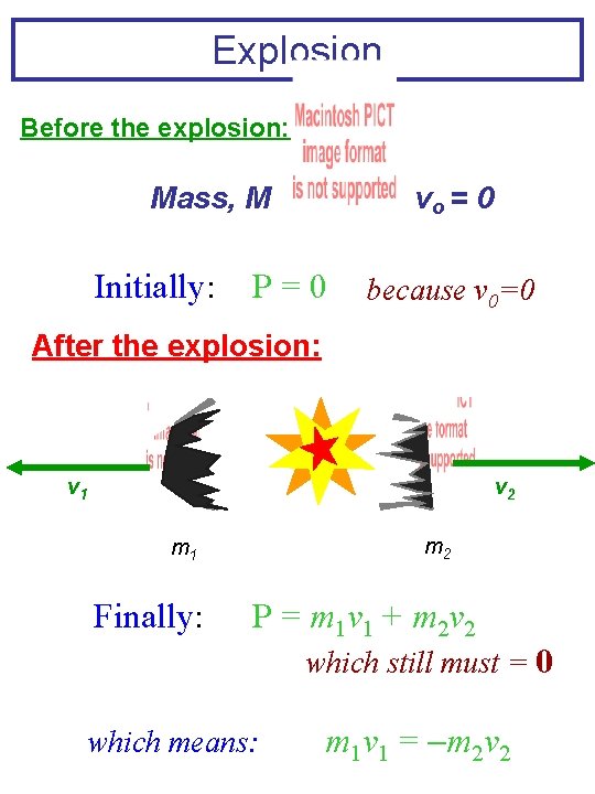 Explosion Before the explosion: Mass, M Initially: vo = 0 P=0 because v 0=0