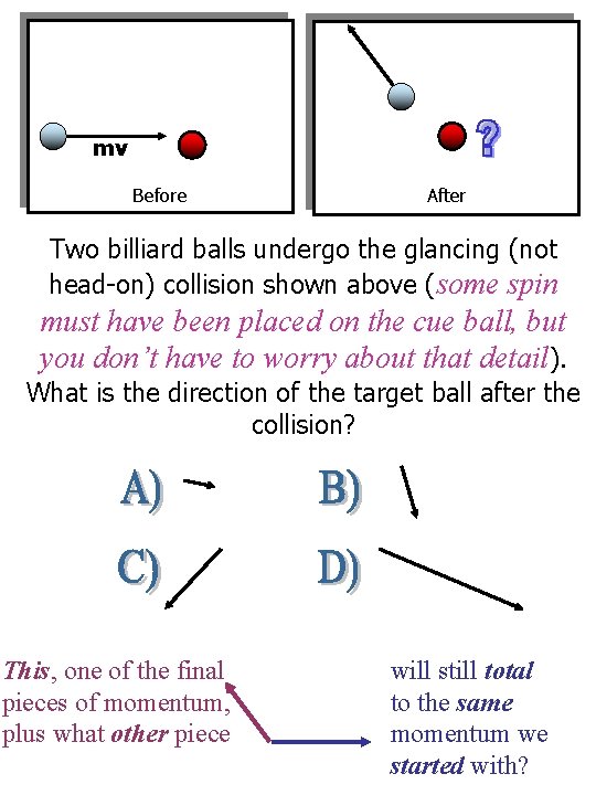 mv Before After Two billiard balls undergo the glancing (not head-on) collision shown above