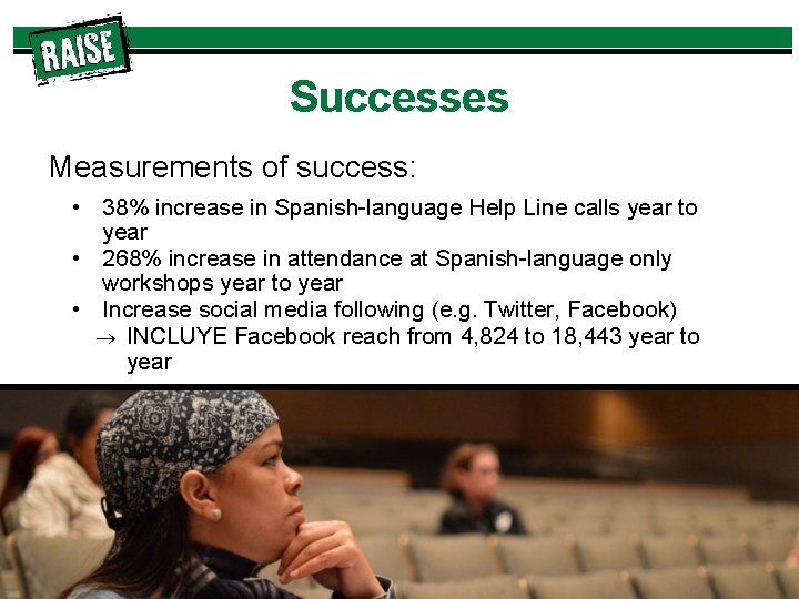 Successes Measurements of success: • 38% increase in Spanish-language Help Line calls year to