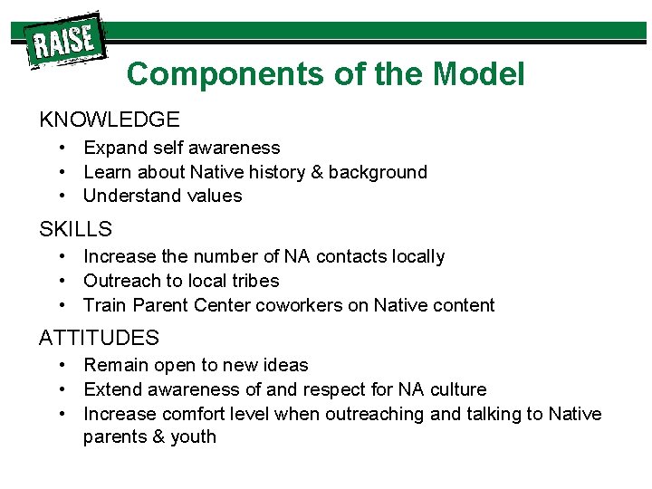 Components of the Model KNOWLEDGE • Expand self awareness • Learn about Native history