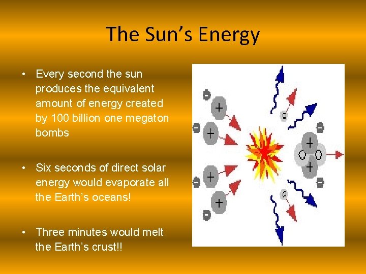 The Sun’s Energy • Every second the sun produces the equivalent amount of energy