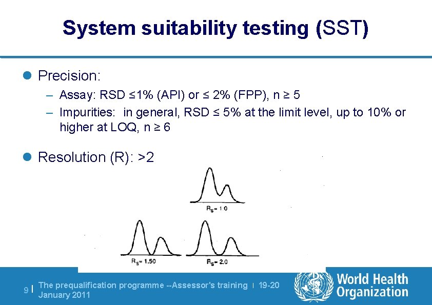 System suitability testing (SST) l Precision: – Assay: RSD ≤ 1% (API) or ≤