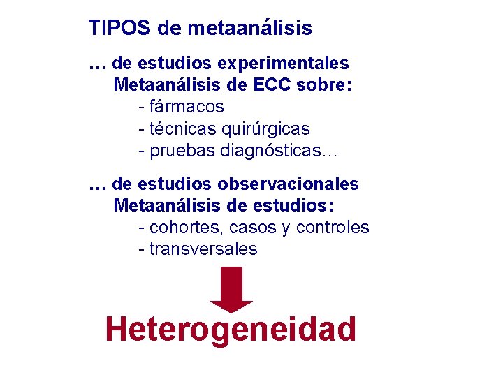 TIPOS de metaanálisis … de estudios experimentales Metaanálisis de ECC sobre: - fármacos -