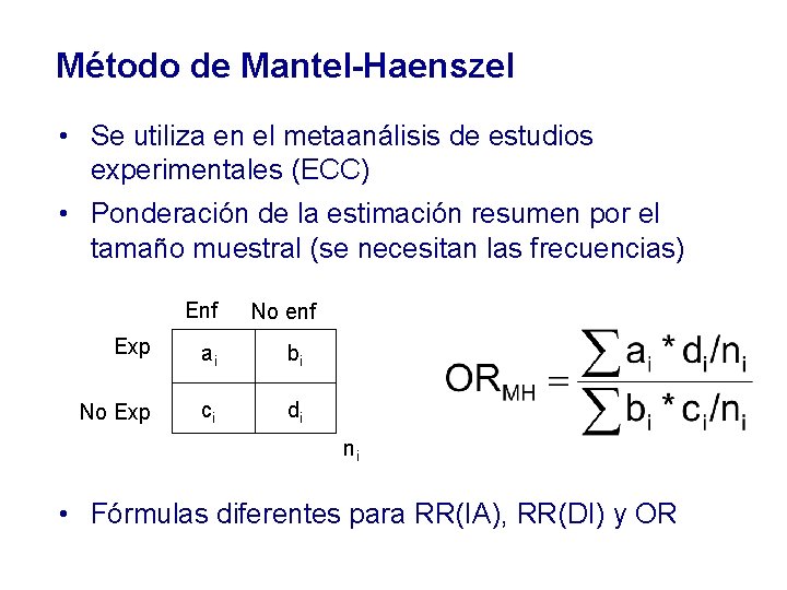 Método de Mantel-Haenszel • Se utiliza en el metaanálisis de estudios experimentales (ECC) •