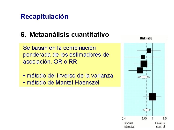 Recapitulación 6. Metaanálisis cuantitativo Se basan en la combinación ponderada de los estimadores de