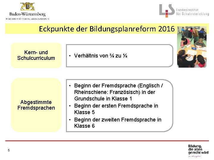 Eckpunkte der Bildungsplanreform 2016 5 Kern- und Schulcurriculum • Verhältnis von ¾ zu ¼