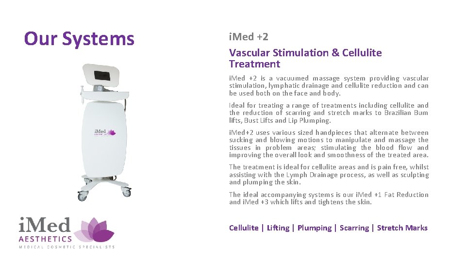 Our Systems i. Med +2 Vascular Stimulation & Cellulite Treatment i. Med +2 is