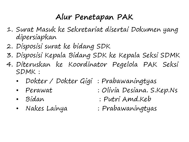 Alur Penetapan PAK 1. Surat Masuk ke Sekretariat disertai Dokumen yang dipersiapkan 2. Disposisi