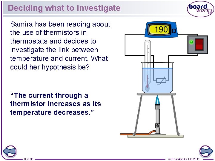 Deciding what to investigate Samira has been reading about the use of thermistors in