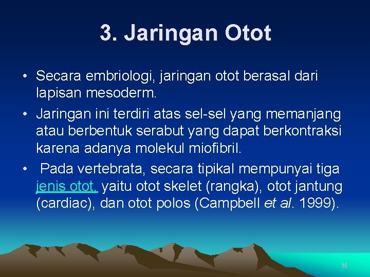 3. Jaringan Otot • Secara embriologi, jaringan otot berasal dari lapisan mesoderm. • Jaringan