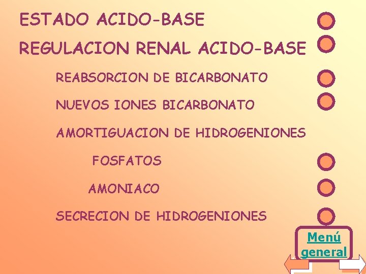 ESTADO ACIDO-BASE REGULACION RENAL ACIDO-BASE REABSORCION DE BICARBONATO NUEVOS IONES BICARBONATO AMORTIGUACION DE HIDROGENIONES