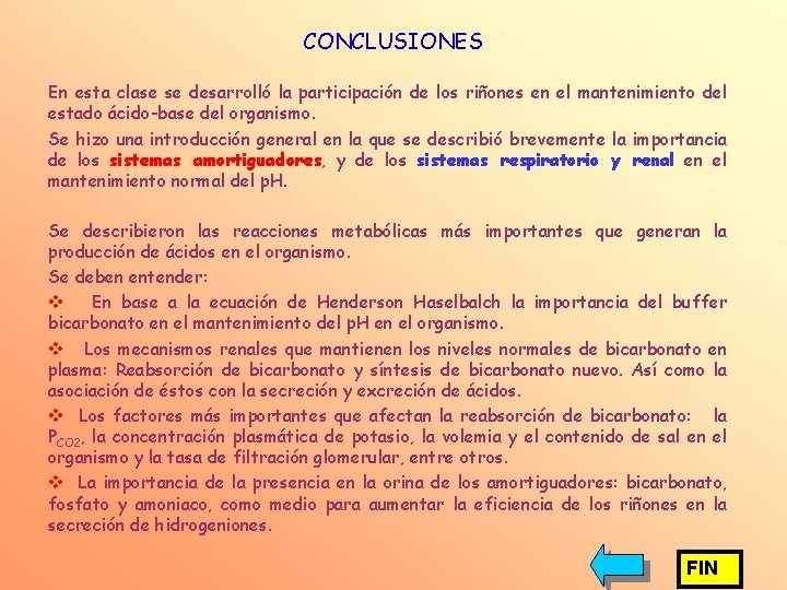 CONCLUSIONES En esta clase se desarrolló la participación de los riñones en el mantenimiento