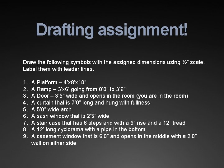 Drafting assignment! Draw the following symbols with the assigned dimensions using ½” scale. Label