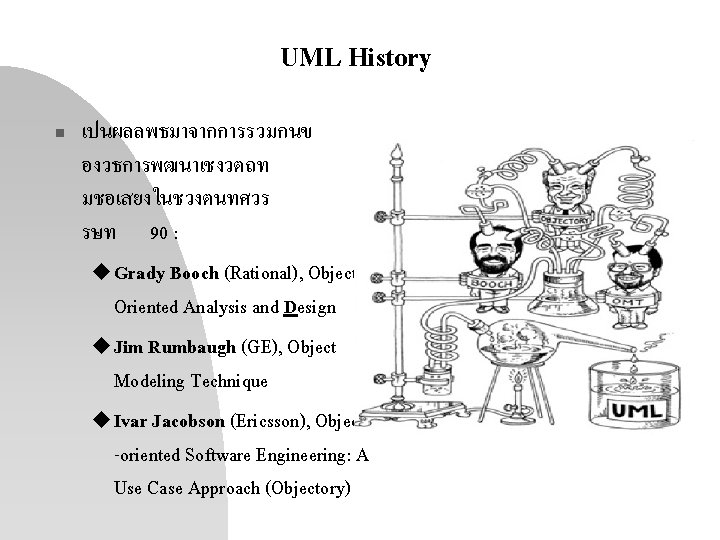 UML History n เปนผลลพธมาจากการรวมกนข องวธการพฒนาเชงวตถท มชอเสยงในชวงตนทศวร รษท 90 : u Grady Booch (Rational), Object