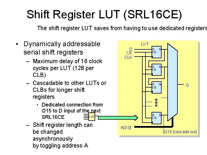 Shift Register LUT (SRL 16 CE) The shift register LUT saves from having to