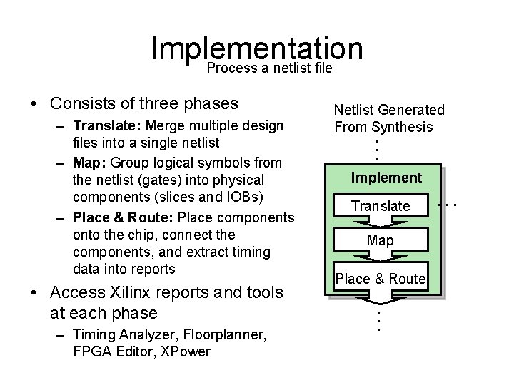 Implementation Process a netlist file • Consists of three phases – Translate: Merge multiple
