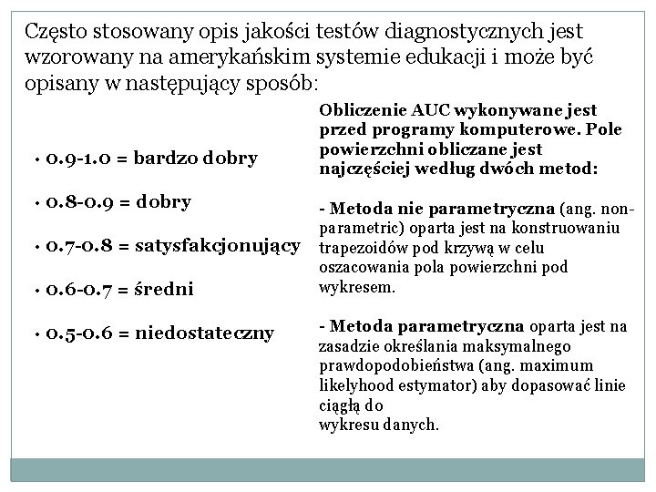 Często stosowany opis jakości testów diagnostycznych jest wzorowany na amerykańskim systemie edukacji i może