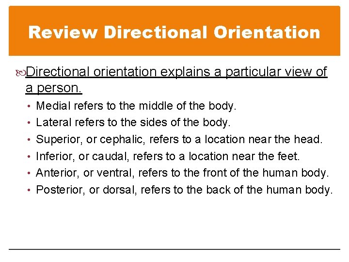 Review Directional Orientation Directional orientation explains a particular view of a person. • Medial