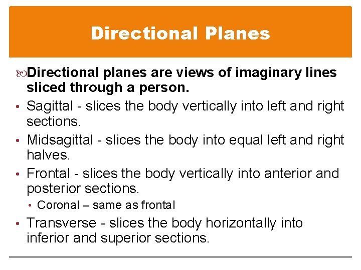 Directional Planes Directional planes are views of imaginary lines sliced through a person. • Directional Planes Directional planes are views of imaginary lines sliced through a person. •