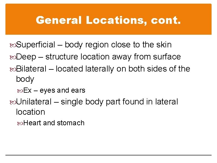 General Locations, cont. Superficial – body region close to the skin Deep – structure General Locations, cont. Superficial – body region close to the skin Deep – structure