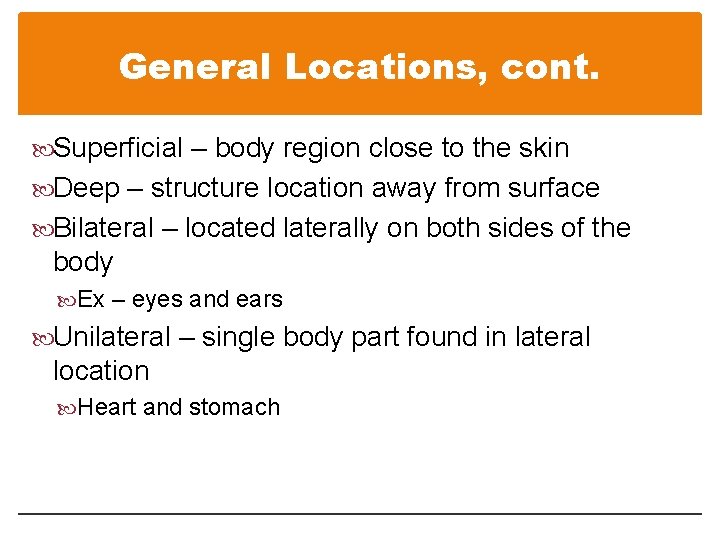 General Locations, cont. Superficial – body region close to the skin Deep – structure