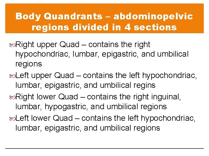 Body Quandrants – abdominopelvic regions divided in 4 sections Right upper Quad – contains
