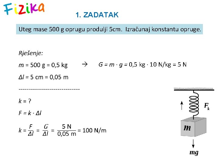 1. ZADATAK Uteg mase 500 g oprugu produlji 5 cm. Izračunaj konstantu opruge. G