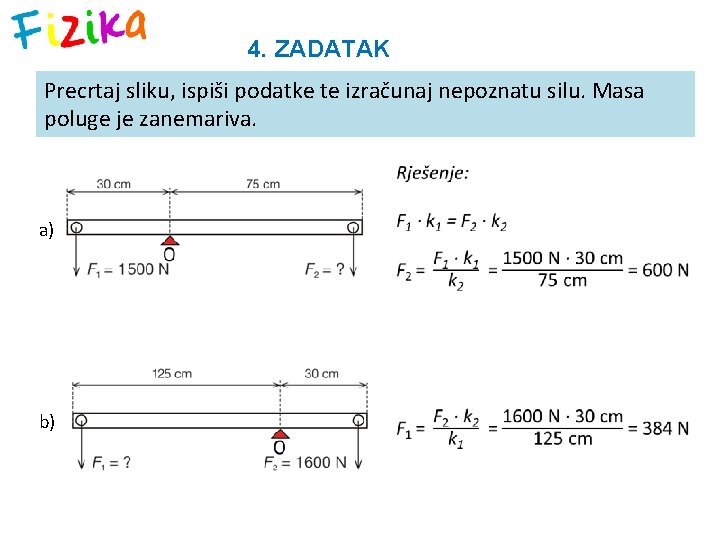 4. ZADATAK Precrtaj sliku, ispiši podatke te izračunaj nepoznatu silu. Masa poluge je zanemariva.