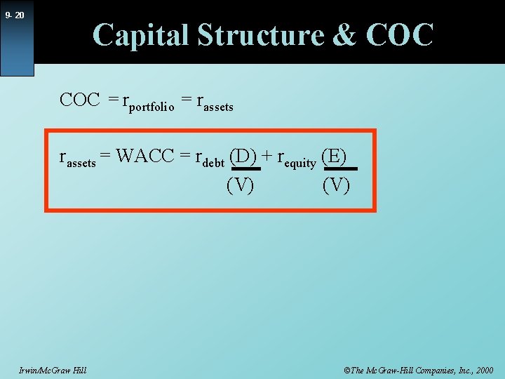 9 - 20 Capital Structure & COC = rportfolio = rassets = WACC =
