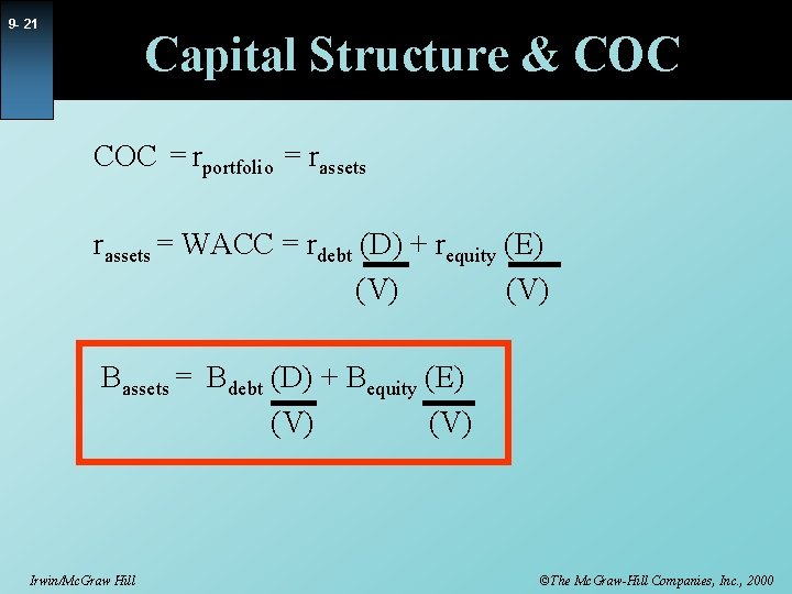 9 - 21 Capital Structure & COC = rportfolio = rassets = WACC =