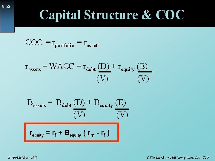 9 - 22 Capital Structure & COC = rportfolio = rassets = WACC =