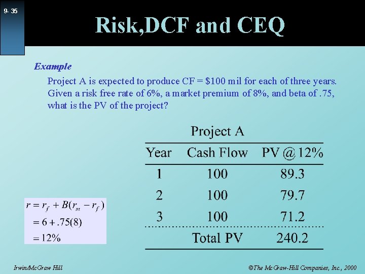 9 - 35 Risk, DCF and CEQ Example Project A is expected to produce