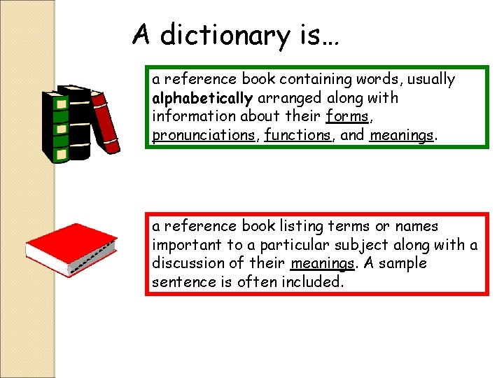 A dictionary is… a reference book containing words, usually alphabetically arranged along with information