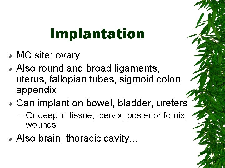 Implantation MC site: ovary Also round and broad ligaments, uterus, fallopian tubes, sigmoid colon,