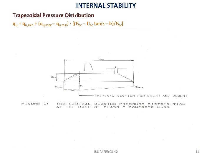 INTERNAL STABILITY Trapezoidal Pressure Distribution qu = qu, min + (qu, max – qu,