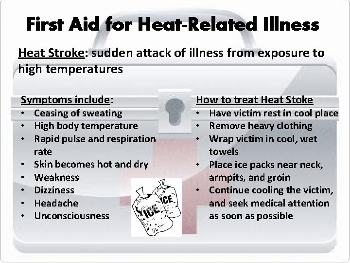 First Aid for Heat-Related Illness Heat Stroke: sudden attack of illness from exposure to