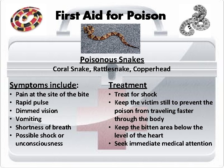 First Aid for Poisonous Snakes Coral Snake, Rattlesnake, Copperhead Symptoms include: • • •