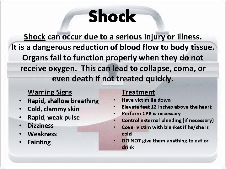 Shock can occur due to a serious injury or illness. It is a dangerous