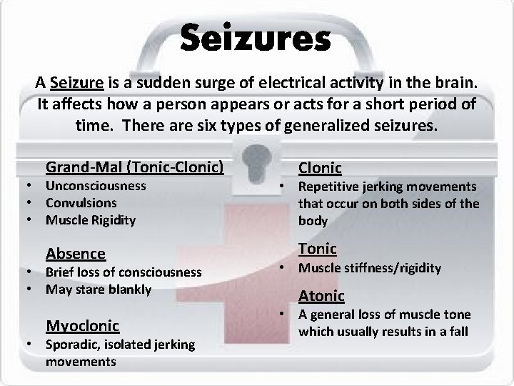 Seizures A Seizure is a sudden surge of electrical activity in the brain. It