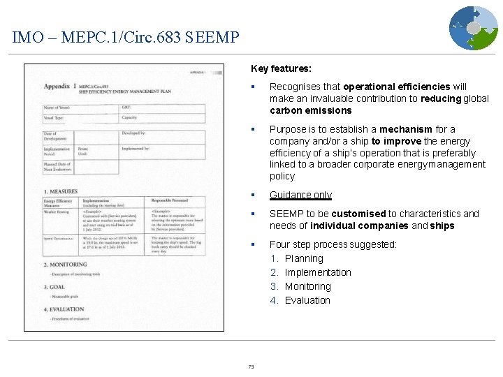 IMO – MEPC. 1/Circ. 683 SEEMP Key features: Recognises that operational efficiencies will make