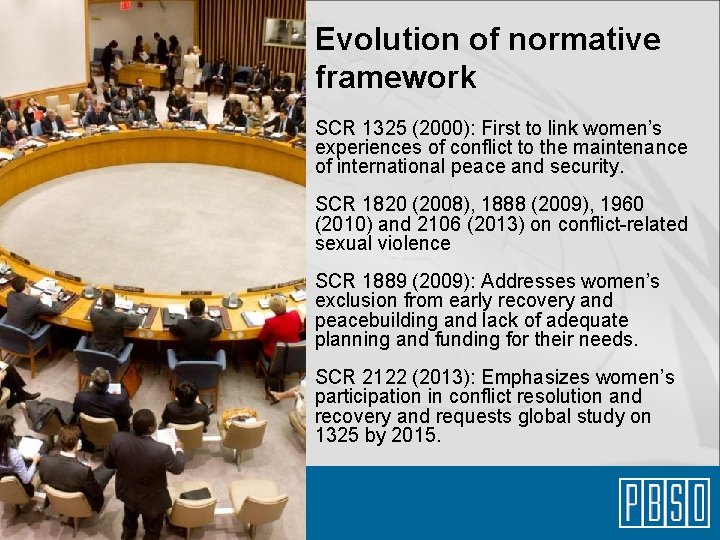Evolution of normative framework SCR 1325 (2000): First to link women’s experiences of conflict