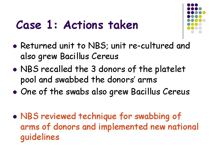 Case 1: Actions taken l l Returned unit to NBS; unit re-cultured and also