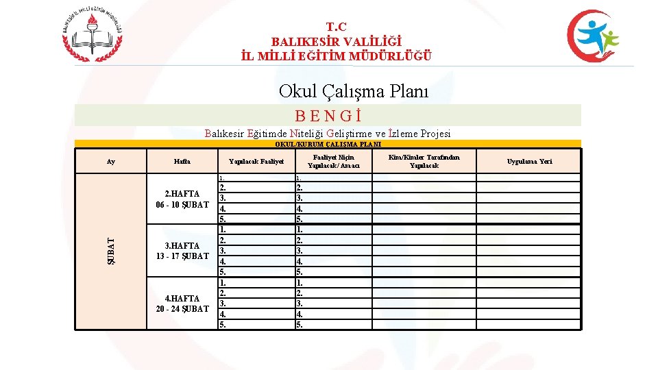 T. C BALIKESİR VALİLİĞİ İL MİLLİ EĞİTİM MÜDÜRLÜĞÜ Okul Çalışma Planı BENGİ Balıkesir Eğitimde