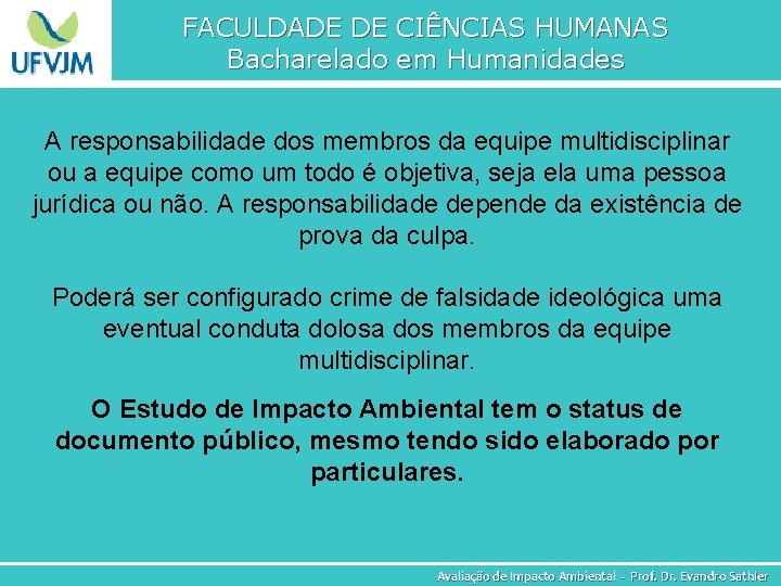 FACULDADE DE CIÊNCIAS HUMANAS Bacharelado em Humanidades A responsabilidade dos membros da equipe multidisciplinar