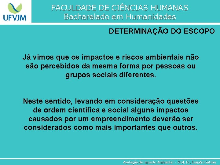 FACULDADE DE CIÊNCIAS HUMANAS Bacharelado em Humanidades DETERMINAÇÃO DO ESCOPO Já vimos que os